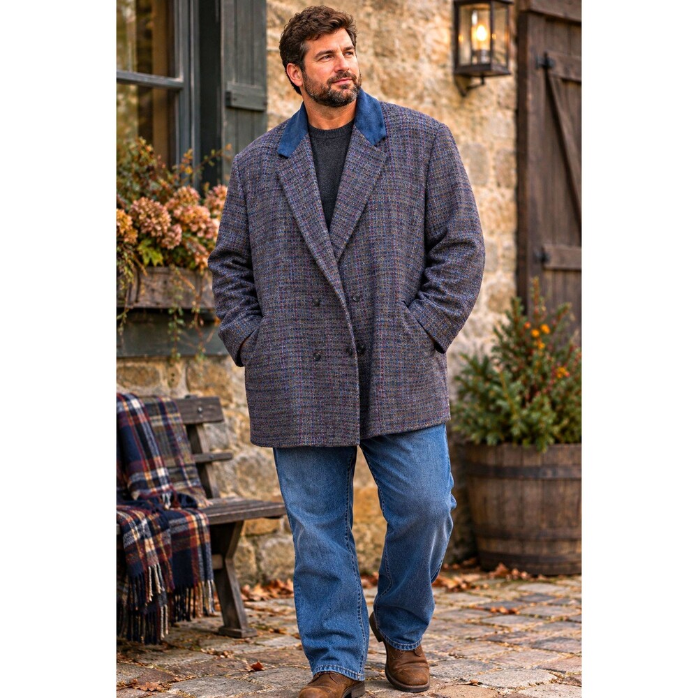 Plaid Notch Suede Collar Button Lined Overcoat 3XL Big And Tall Academia Preppy